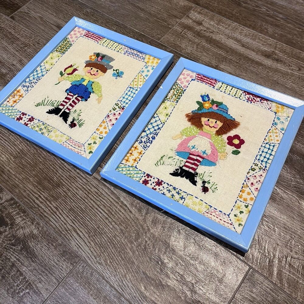 VTG 70s Handmade Crewel Raggedy Ann & Andy Framed Patchwork Cottagecore Boy Girl